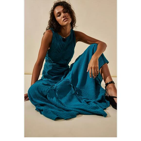 Free People Blurred Lines Midi Teal Blue Maxi Small - Picture 2 of 8